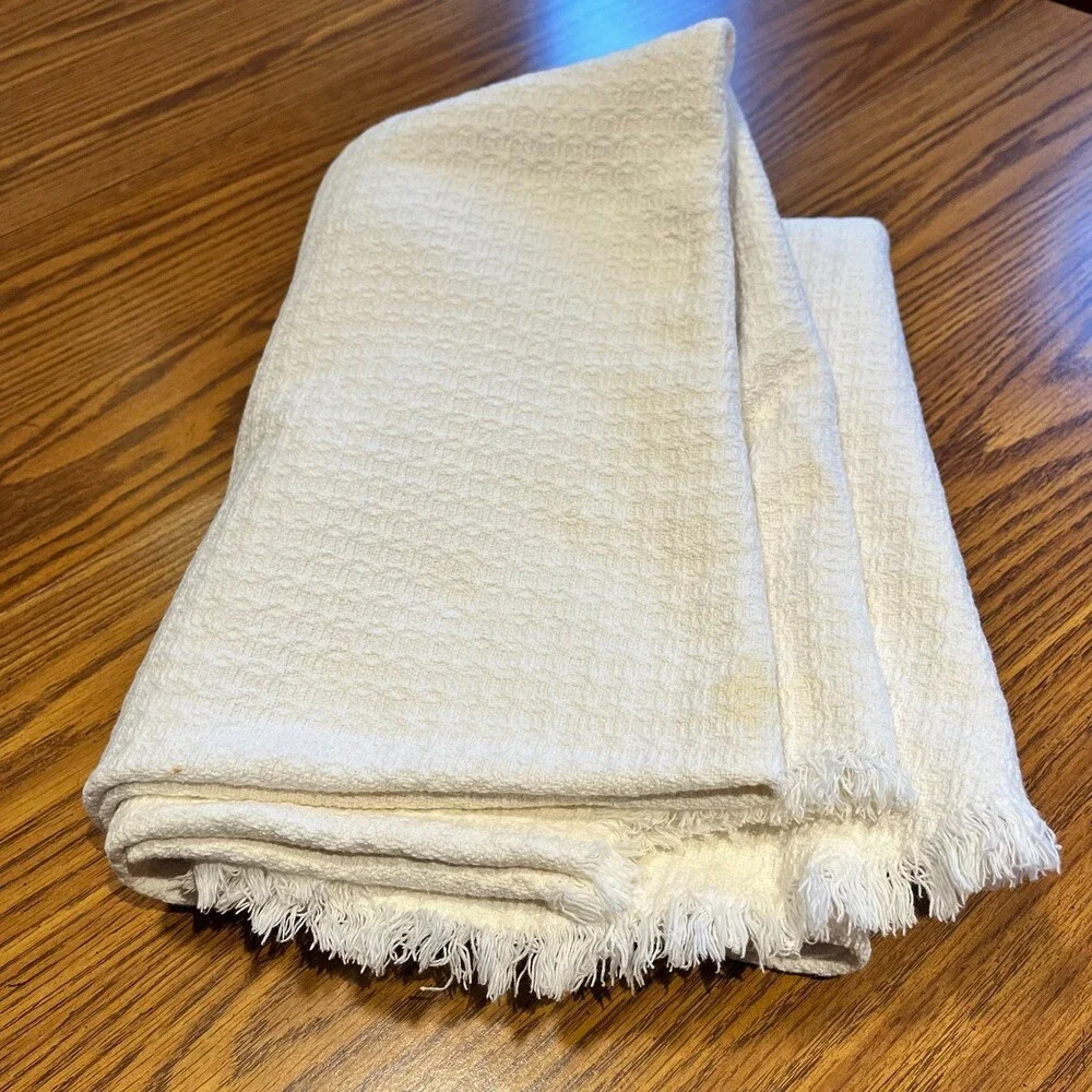 VTG Homespun Cotton Texture Fringe Tablecloth White 78